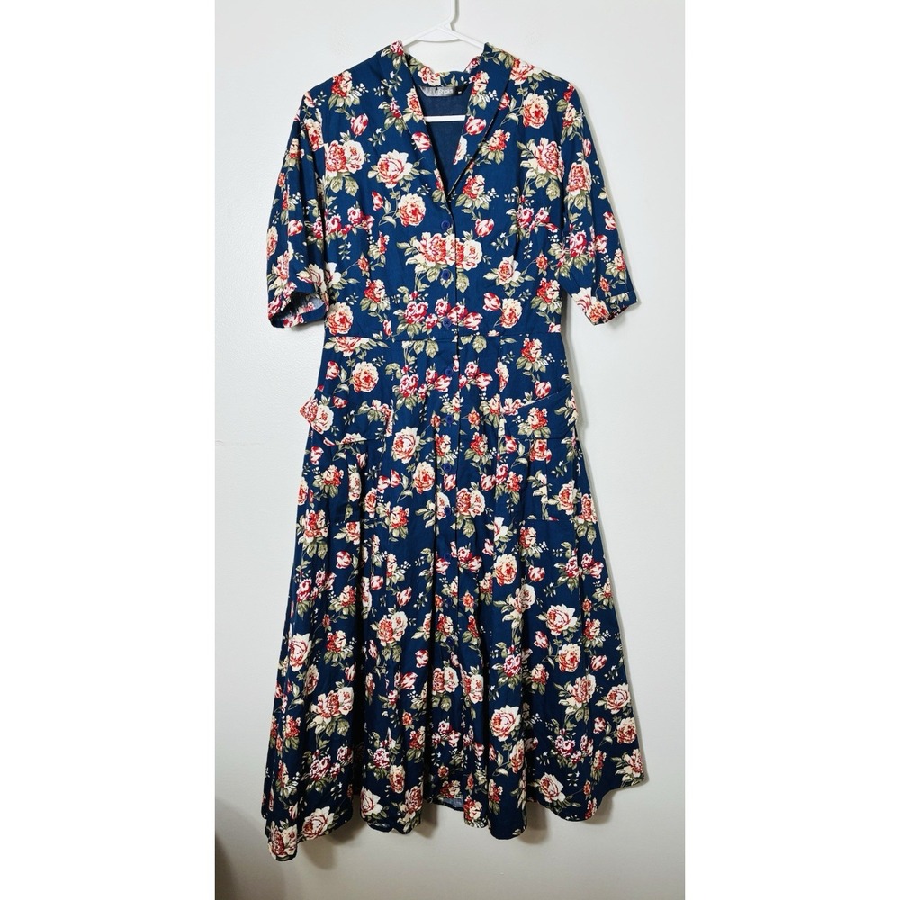 eshakti Floral Button Down Midi Dress Sz M/8 Blue Cottage Prairie Modest Wedding
